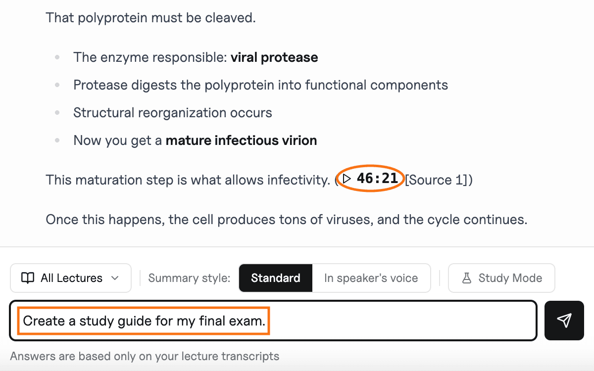 ClassLecture.ai answering a question with an exact timestamp citation